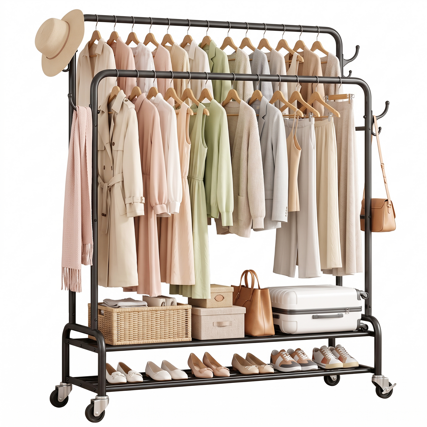 Heavy Duty Double Rod Clothes Rack, Rolling Garment Rack with 2 Tier Shelf and Side Hooks, Metal Coat Rack on Wheels for Bedroom, Laundry Room and Living Room, 44.3"L x 16.1"W x 61.8"H, Black