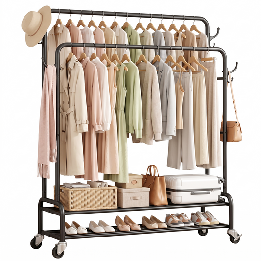 Heavy Duty Double Rod Clothes Rack, Rolling Garment Rack with 2 Tier Shelf and Side Hooks, Metal Coat Rack on Wheels for Bedroom, Laundry Room and Living Room, 44.3"L x 16.1"W x 61.8"H, Black