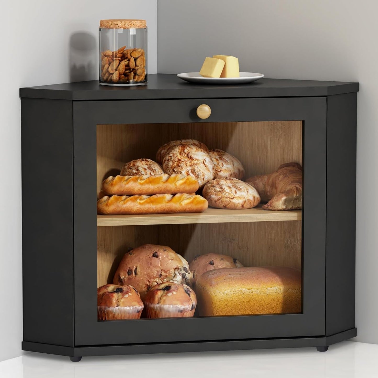 Corner Bread Box for Kitchen Countertop, TAIMASI 2 Tier Bread Storage Container, Large Breadbox Under Cabinet Organizer for Homemade Bread, Black
