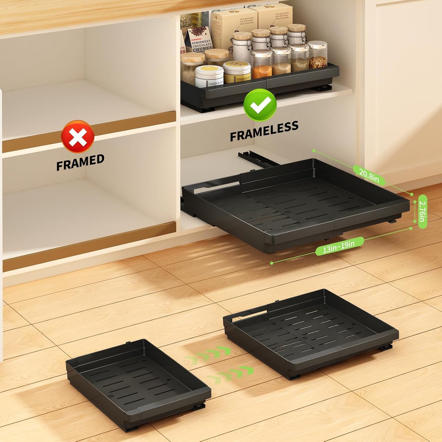2 Pack Expandable Pull Out Cabinet Organizer, AOKIWO Slide Out Drawers Storage with Adhesive Nano Film for Kitchen Pantry Under Sink (Black, 13''-19'')