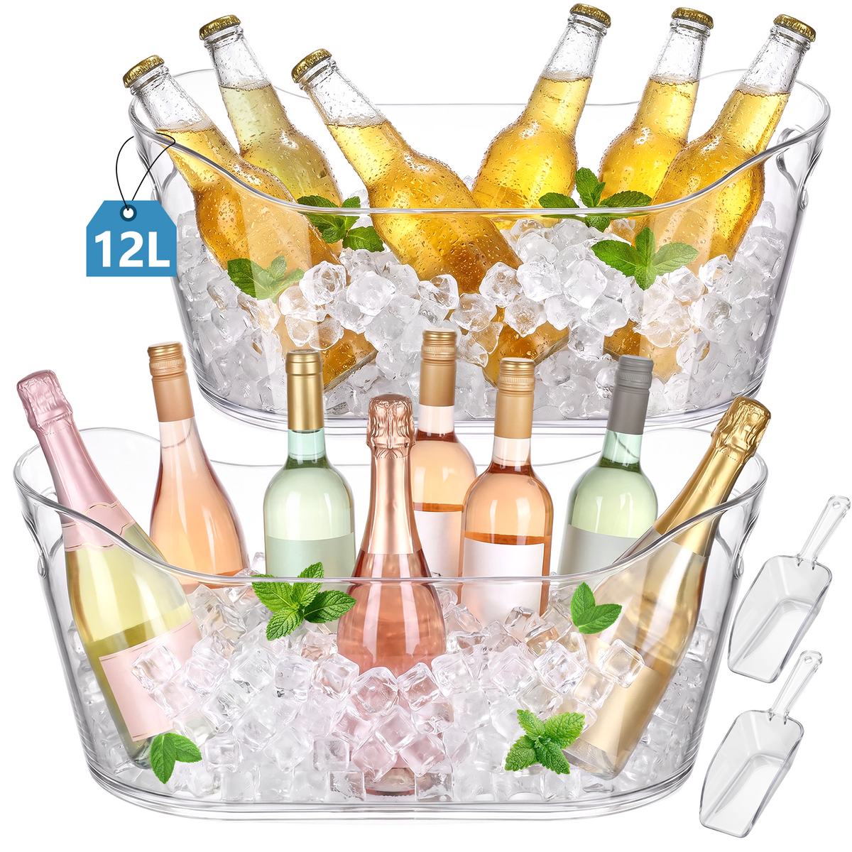 12L Plastic Ice Bucket for Parties with Scoop, TAIMASI 2 Packs BPA Free Large Capacity Drop-Resistant Beverage Tub for Wine, Beer, Juice, Portable Cooler for Outdoor Cocktail Mimosa & Soda Bar (Copy)