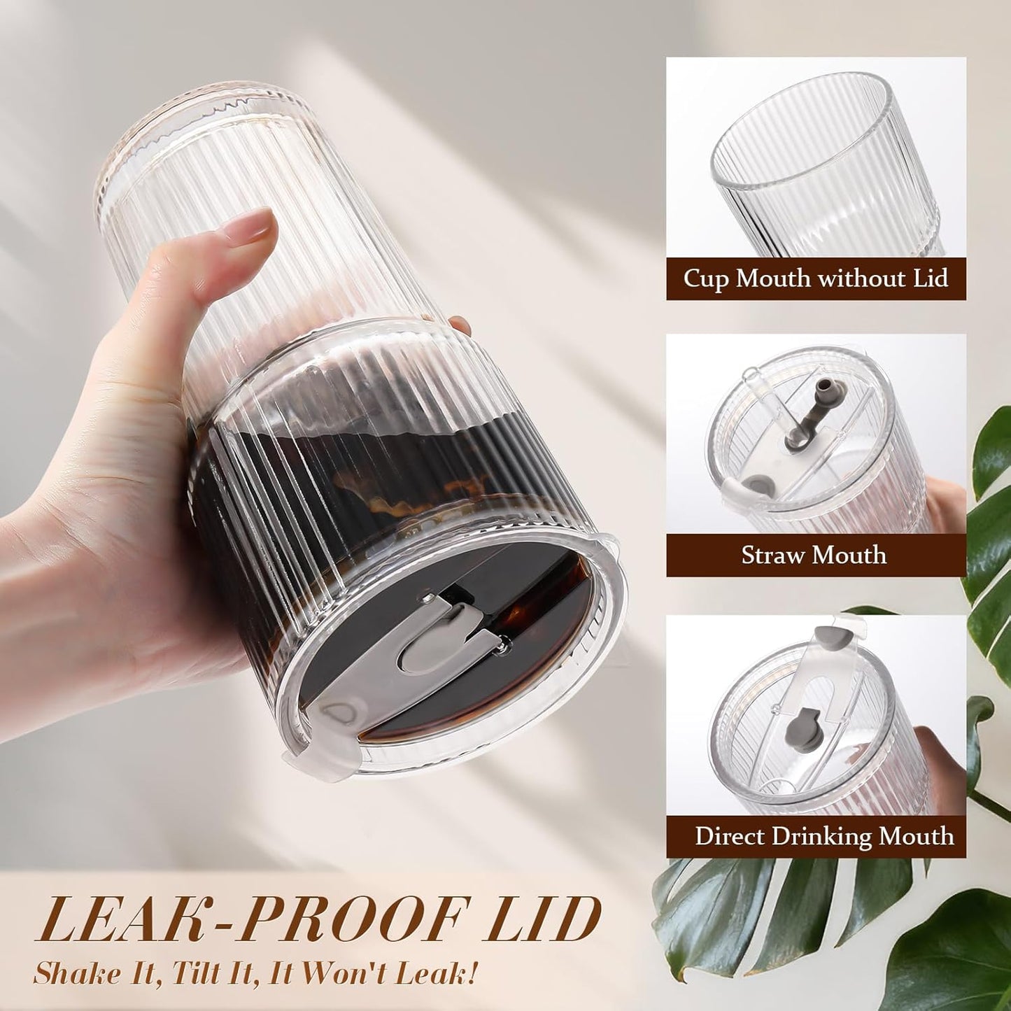 Iced Coffee Cups with Lids, 4Packs Ribbed Glass Tumbler with Straws and Lids, 20oz Leak Proof Tumbler Coffee Bar Accessories Reusable Glass Cups for To Go Iced Coffee