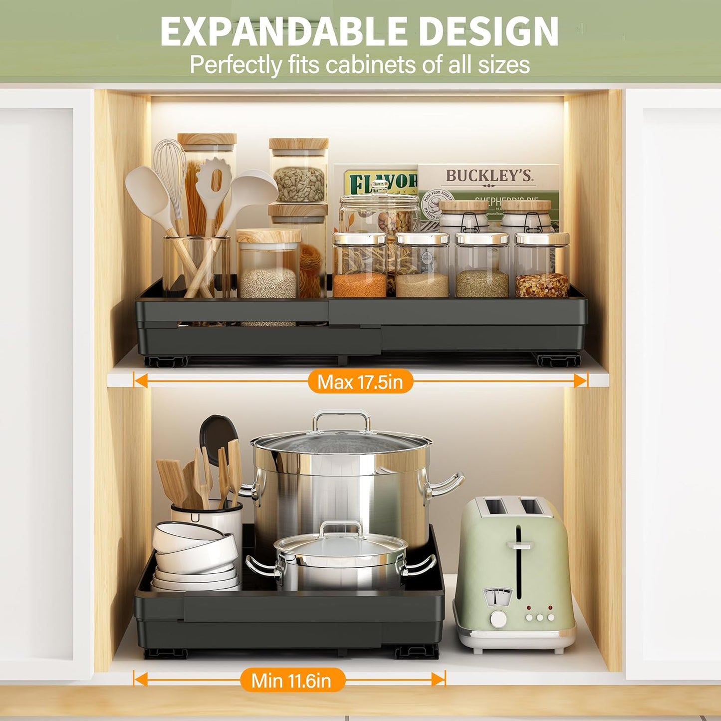 2 Pcs Pull Out Cabinet Organizers Expandable (11.6''-17.5''), Plastic Slide Out Drawers for Kitchen, Bathroom, Pantry, Under Sink, Pull Out Drawers Fixed with Adhesive Nano Film (Black)