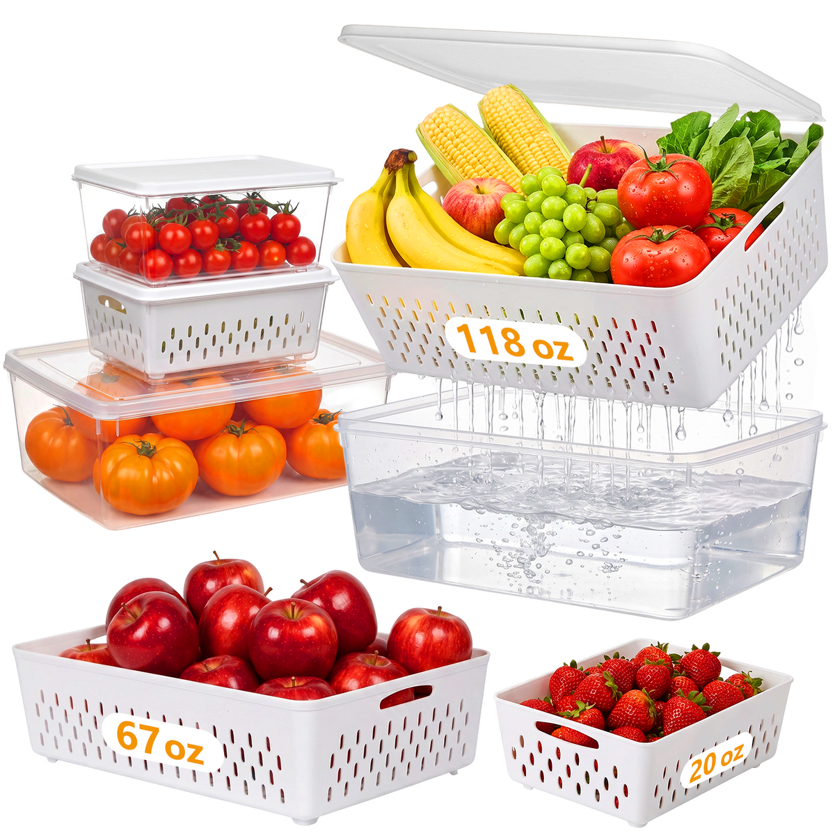 Wynra 4 Pack Fruit Storage Container for Fridge with Airtight Lids & Removable Colander, BPA-Free Plastic Fridge Organizer Bins Produce Saver for Salad Berry Vegetables Meat Keeper Fresh
