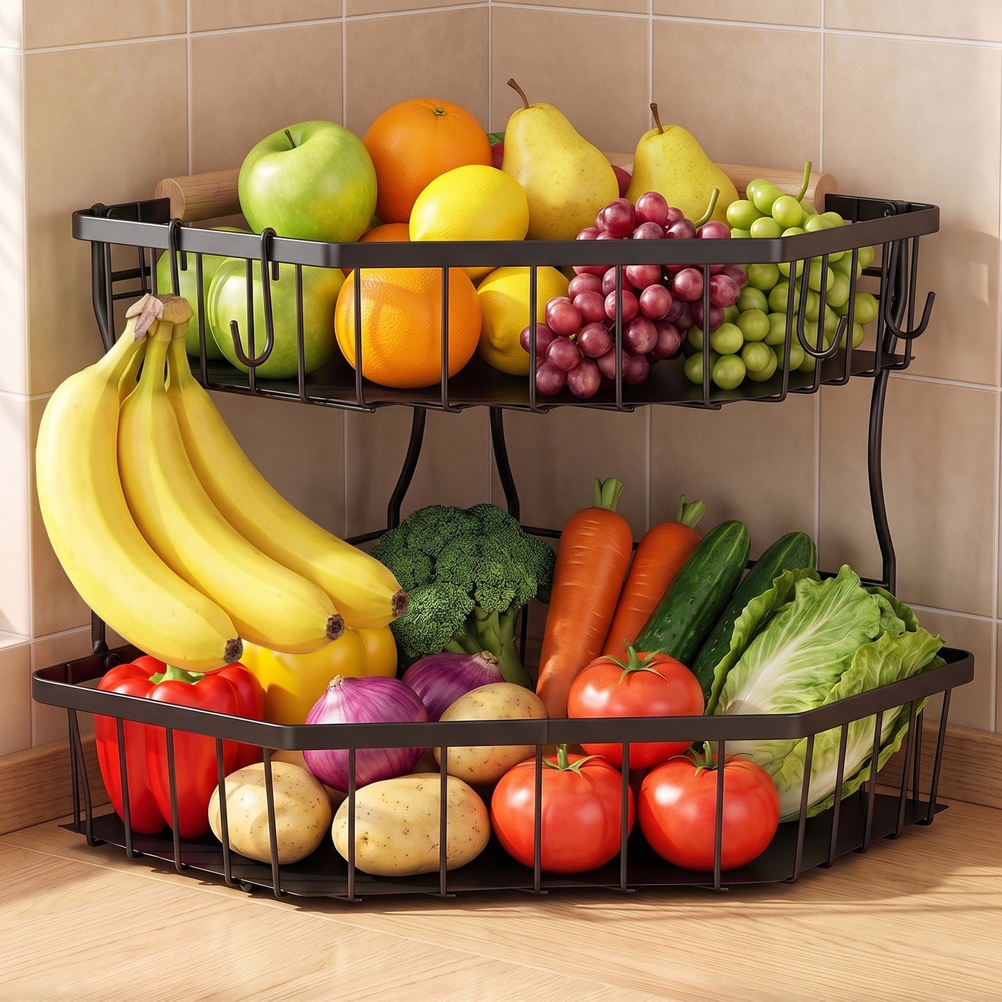 2-Tier Large Fruit Basket for Kitchen Counter with 4 Banana Hangers, Detachable Metal Fruit Bowl with Wooden Handle, Fruit Stand/Fruit Holder for Bread, Snacks, Vegetables,Produce with Protective Mat