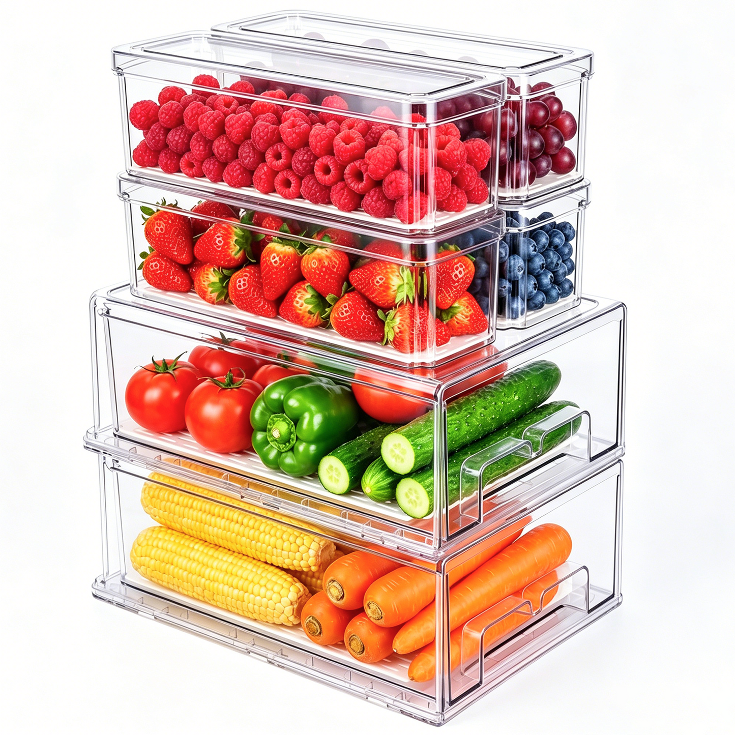 6 Pack Refrigerator Drawer Organizer Bins with Lids, Stackable Fridge & Pantry Storage Bins with Strainer Layer, Clear Plastic Storage Bins for Kitchen, Fruits, Vegetables, Drinks, Snack & Food