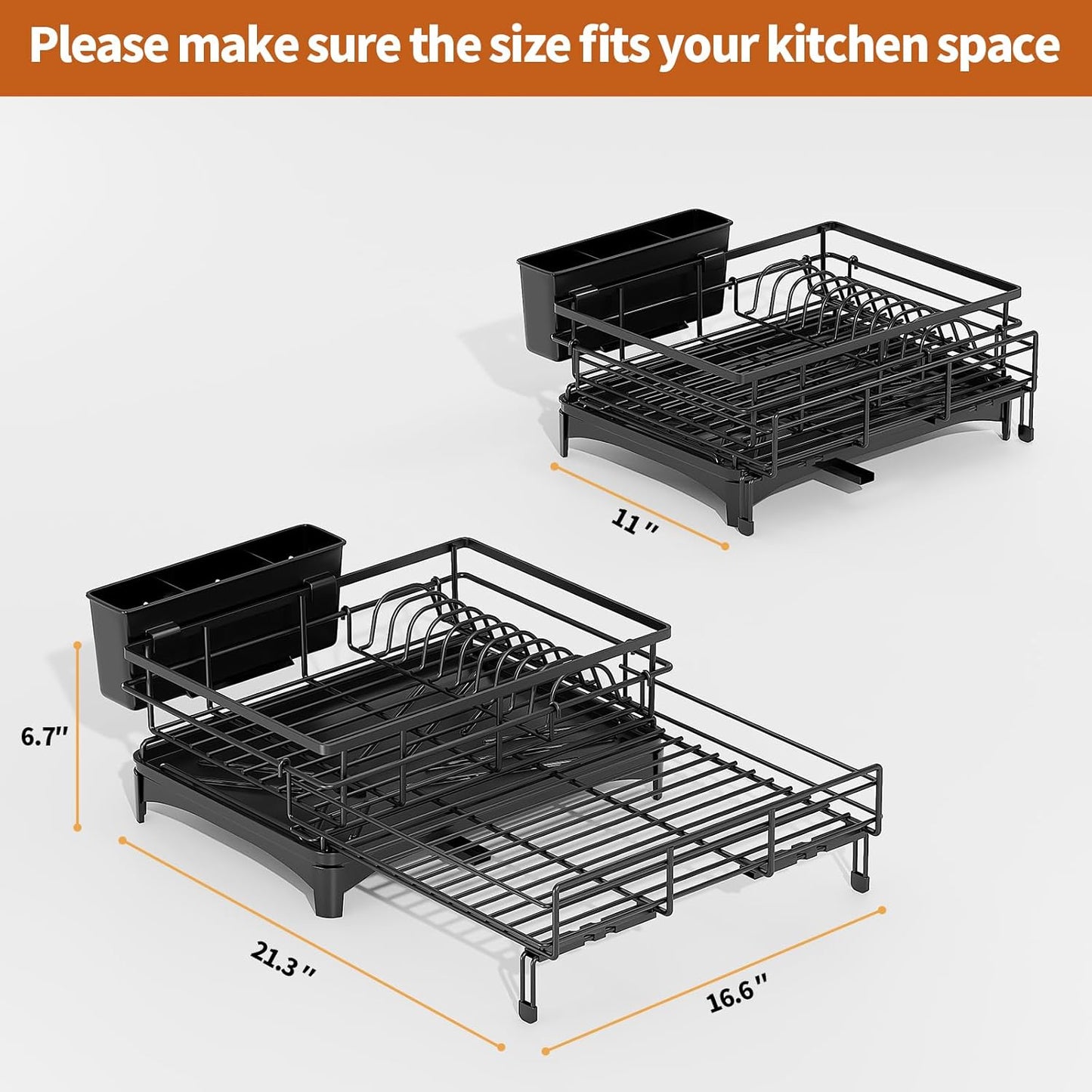 Dish Drying Rack - Extendable Dish Rack, AOKIWO Large Capacity Drying Drainer for Kitchen Counter, Stainless Steel Rust-Proof with Utensil Holder, Black
