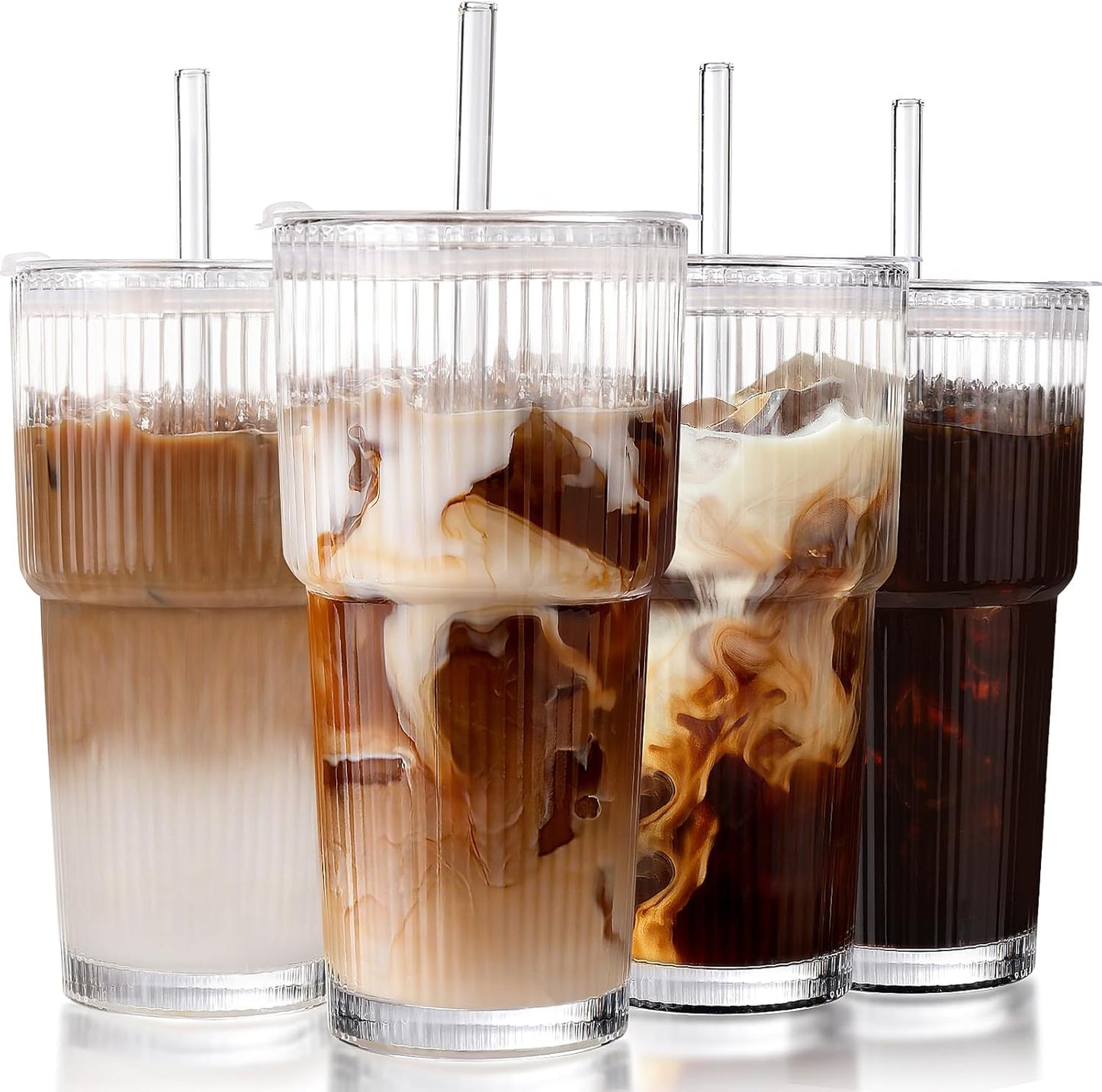 Iced Coffee Cups with Lids, 4Packs Ribbed Glass Tumbler with Straws and Lids, 20oz Leak Proof Tumbler Coffee Bar Accessories Reusable Glass Cups for To Go Iced Coffee