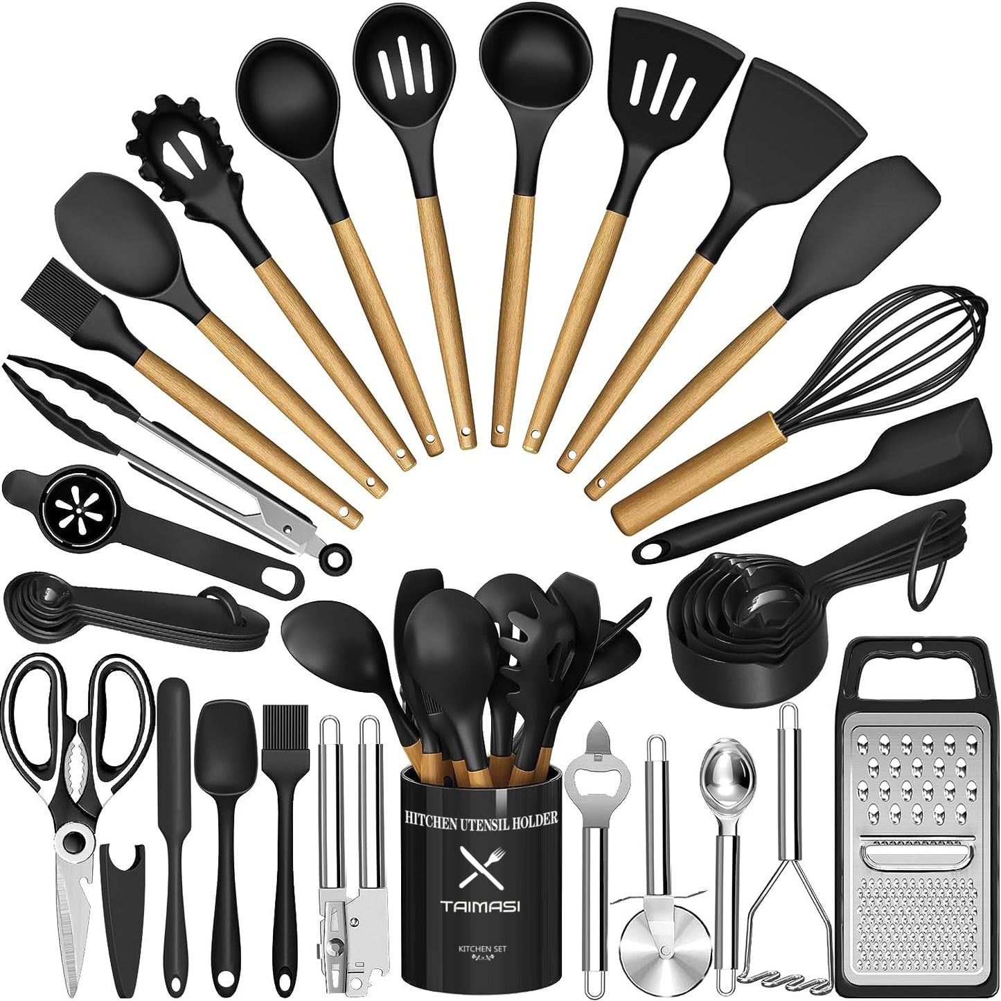 Kitchen Utensil Set, AOKIWO 34Pieces Silicone Cooking Utensil Set with Wooden Handle, Heat Resistant Spatula Set Gadgets Tools Cookware, Black