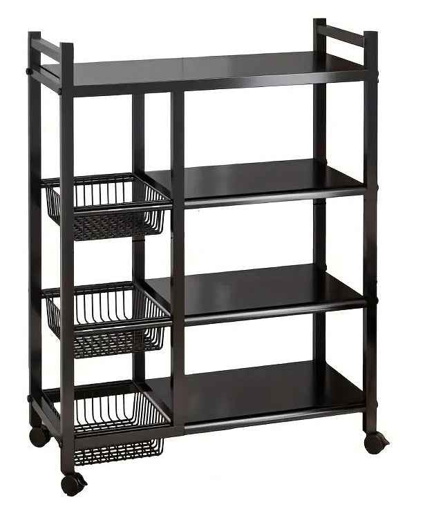 4-Tier Movable Storage Rack, Heavy-Duty Metal Shelf with 3 Wire Baskets and Wheels, Metal Shelves Organizer for Kitchen, Bathroom, Office, Garage