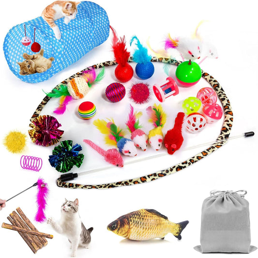 35 Pcs Cat Toys Kitten Toys Assortments, Variety Catnip Toy Set Including 2 Way Tunnel, Cat Feather Teaser, Catnip Fish, Mice, Colorful Balls and Bells for Cat, Puppy, Kitty