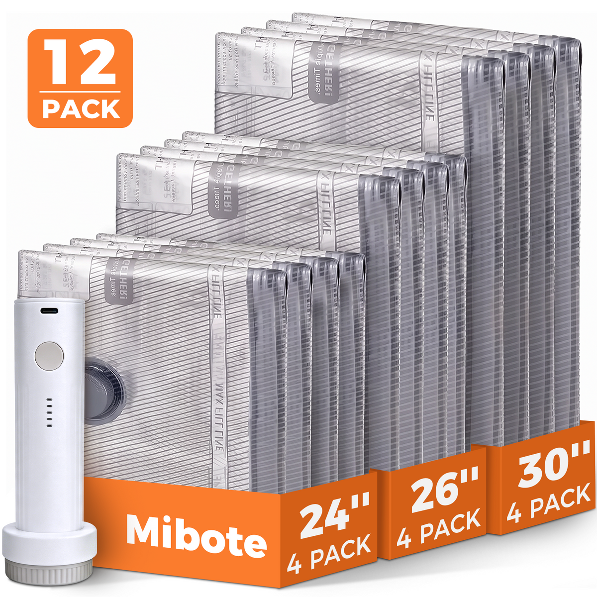 Mibote Vacuum Bags for Travel with Rechargeable Pump, 12 Combo Space Saver Compression Packing Seal Storage for Clothes Luggage