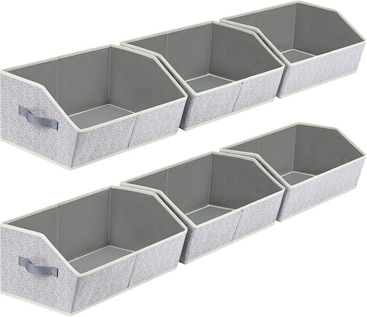 6 Pack Closet Organizers Bins, Large Trapezoid Closet Shelf Organizer with Handles, Fabric Storage Bins, Collapsible Storage Cubes for Clothes, Towels - Light Gray