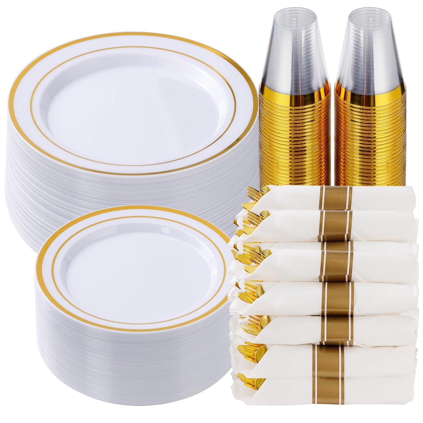 350 Piece Gold Dinnerware Set for 50 Guests, Plastic Plates Disposable for Party, Include: 50 Gold Rim Dinner Plates, 50 Dessert Plates, 50 Paper Napkins, 50 Cups, 50 Gold Silverware Set