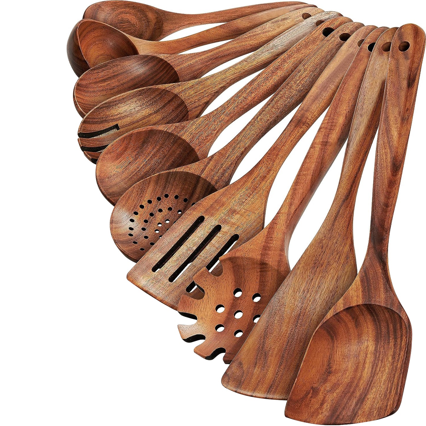 Wooden Spoons for Cooking, 10 Pcs Teak Wood Cooking Utensil Set â€?Wooden Kitchen Utensils for Nonstick Pans & Cookware â€?Sturdy, Lightweight & Heat Resistant