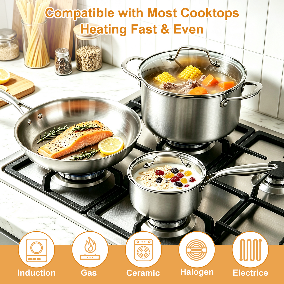12 Pcs Stainless Steel Cookware Set, TAIMASI 3 Ply Pots and Pans Set, Induction & Oven Safe Kitchen Cookware Set, Non Toxic Kitchen Essential Cooking Set with Handle, Dishwasher Safe