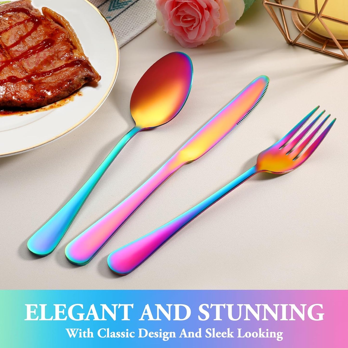 24 Pcs Rainbow Silverware Set with Steak Knives Service for 4,Stainless Steel Flatware Set,Mirror Polished Cutlery Utensil Set, Kitchen Eating Tableware,Include Fork Knife Spoon Set,Dishwasher Safe