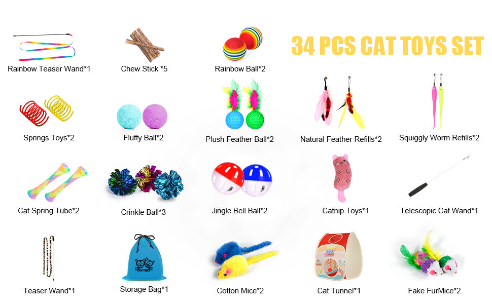 34Pcs Cat Toys Kitten Toys,Interactive Cat Toys Set with Collapsible Cat Tunnels Tent for Indoor Cats,Retractable Cat Wand Toys Catnip Toys Cat Feather Teaser Fluffy Mouse Crinkle Balls for Cat,Kitty