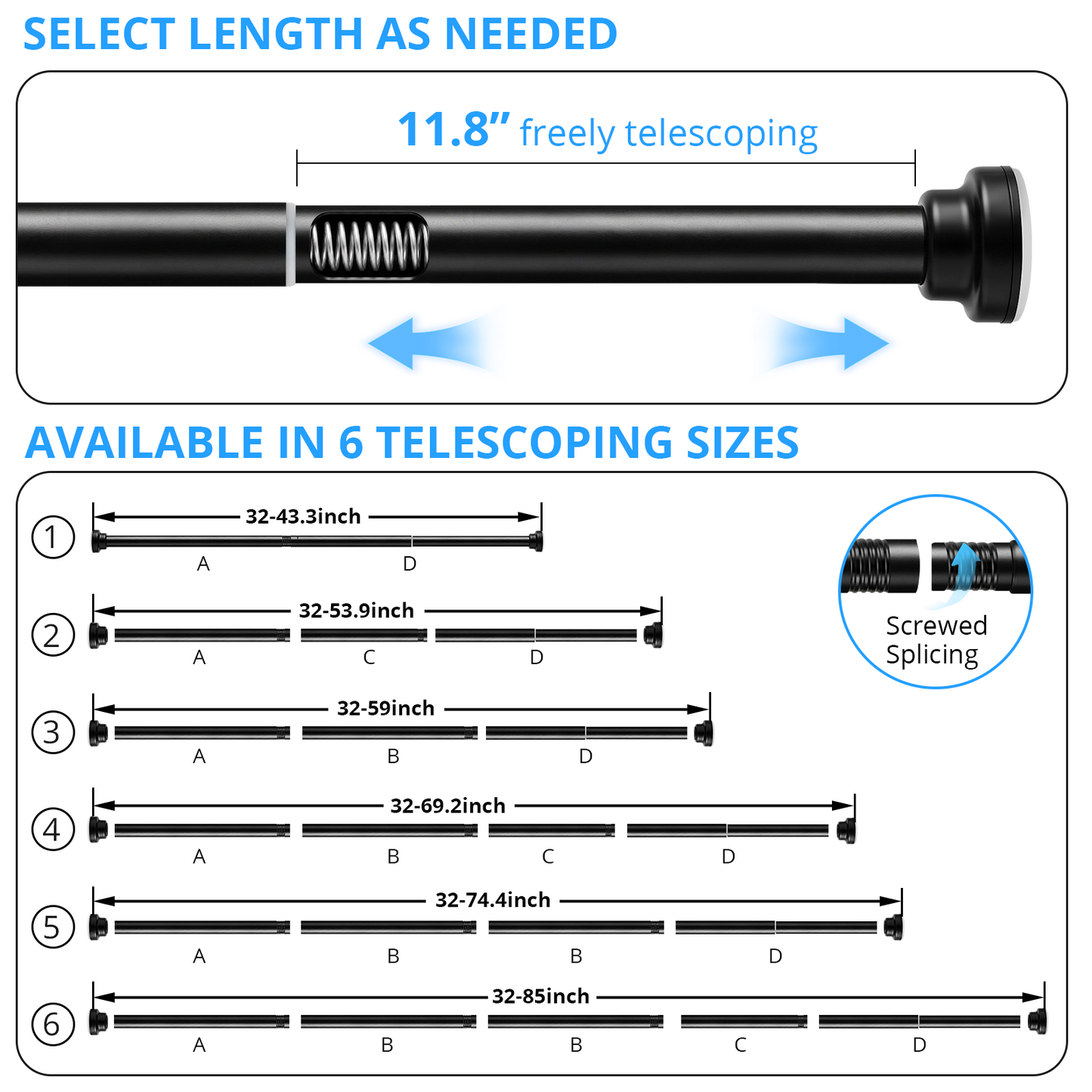 MIBOTE Shower Curtain Rods 32-85 Inch,Adjustable Curtain Rod with Holders for Windows,Anti-Slip,Curtain Rods No Drilling,Modern Design,Black