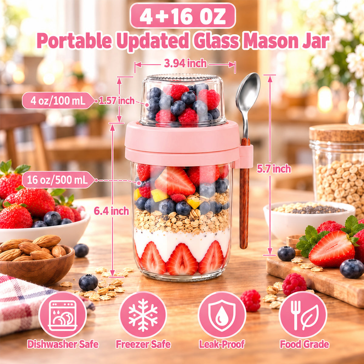 Wynra 6 Pack Dual-Layer Glass Overnight Oats Containers with Lids & Spoons, 16+4 oz Dry-Wet Separation, Leak Proof for Oatmeal, Yogurt & Salad