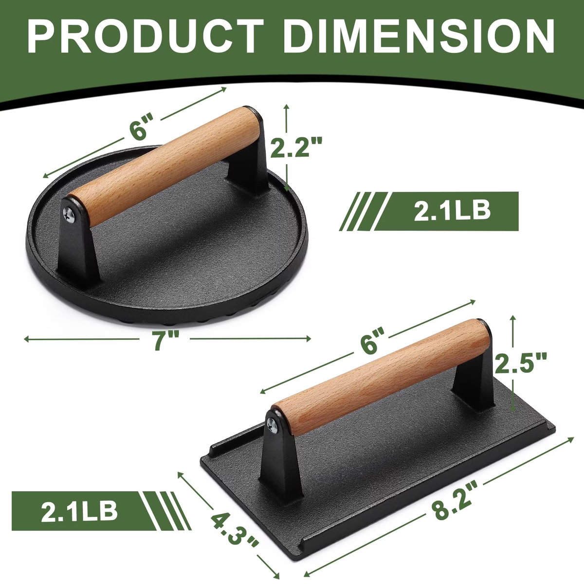Mibote Burger Press, 2 Pcs Heavy-Duty Cast Iron Smash Bacon Press with Wood Handle for Griddle, Sandwich, Nonstick Pan