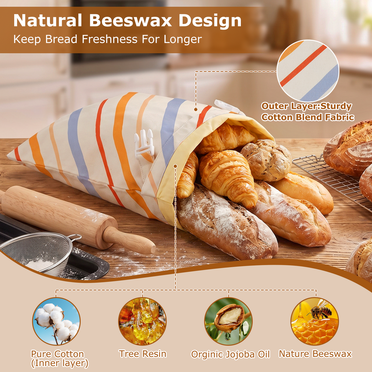 Beeswax Bread Bag, TAIMASI 2 Pack Beeswax Bread Storage Bags for Homemade Bread, Reusable Bread Sourdough Bags, 17 x 12.6'' Cotton Linen Bread Storage Bag