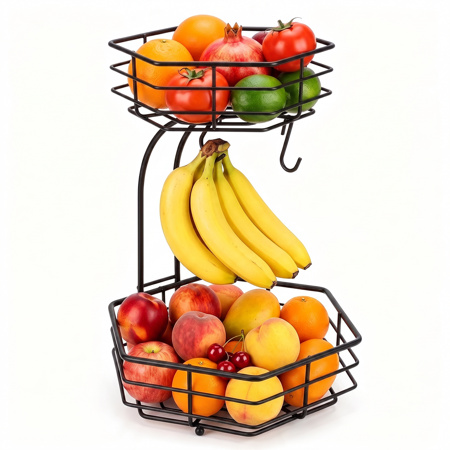 2 Tier Detachable Metal Fruit Basket for Kitchen Counter with 2 Banana Hangers, TAIMASI Stackable Hexagonal Metal Fruit Bowl for Bread Vegetable Fruits, Black