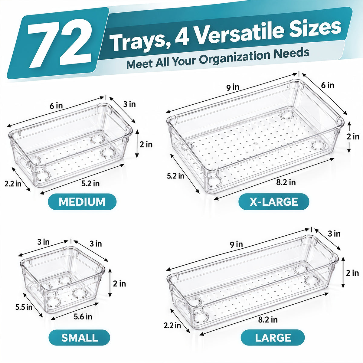 TAIMASI 72 Pcs Clear Plastic Drawer Organizer Set, 4 Sizes Desk Drawer Divider Organizers and Storage Bins for Makeup, Jewelry, Gadgets for Kitchen, Bedroom, Bathroom, Office