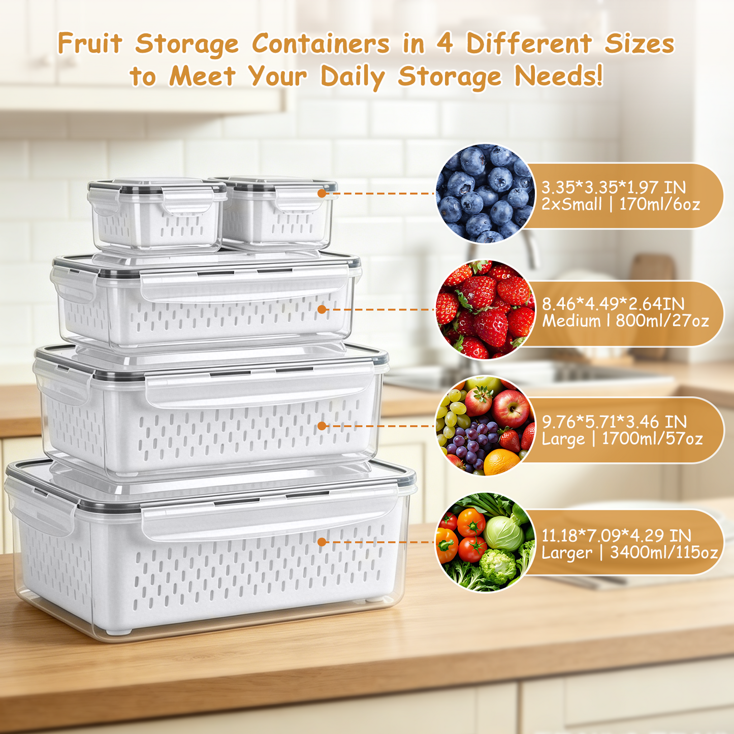 5 Pack Fruit Storage Containers for Fridge with Removable Colander & Handle Lid, Refrigerator Organizers and Storage, 5-in-1 Leakproof Organizer for Salad, Berries, Vegetables & Meat, Dishwasher Safe