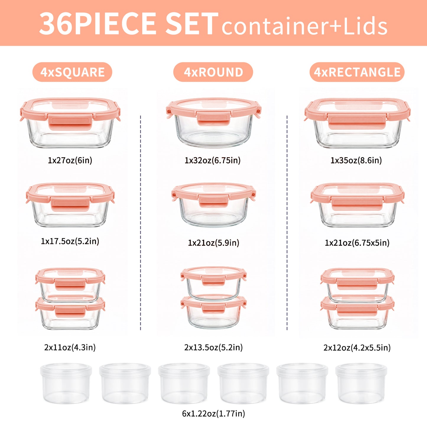 36 Pcs Glass Food Storage Containers with Tempered Lids Set, Borosilicate Oven-Safe(-4°F~950°F), Airtight Meal Prep Lunch Box Containers (18 Containers & 18 Lids), Pink
