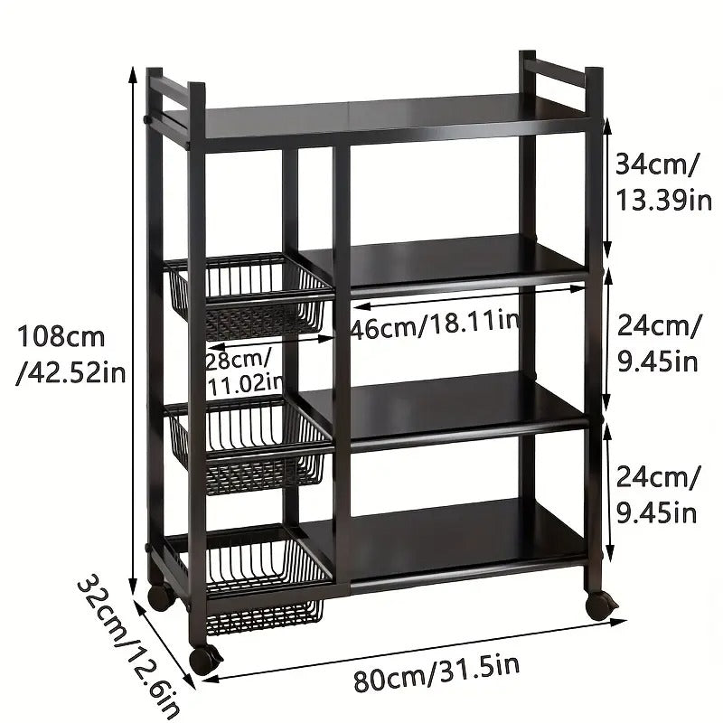 4-Tier Movable Storage Rack, Heavy-Duty Metal Shelf with 3 Wire Baskets and Wheels, Metal Shelves Organizer for Kitchen, Bathroom, Office, Garage