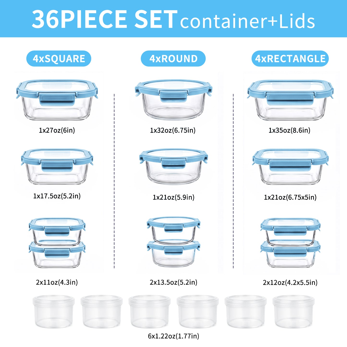 36 Pcs Glass Food Storage Containers with Tempered Lids Set, Borosilicate Oven-Safe(-4°F~950°F), Airtight Meal Prep Lunch Box Containers (18 Containers & 18 Lids), Milk blue