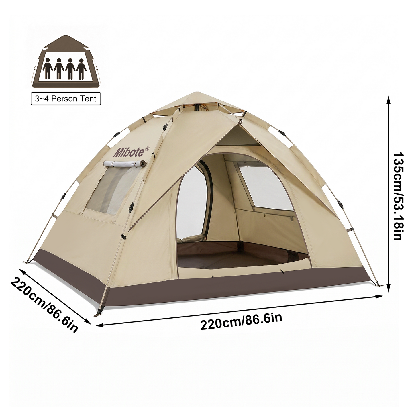 Mibote 2-4Person Camping Tent,Auto Setup Pop Up Tent,Waterproof,Huge Door & Windows for Camping,Hiking,Travel,khaki