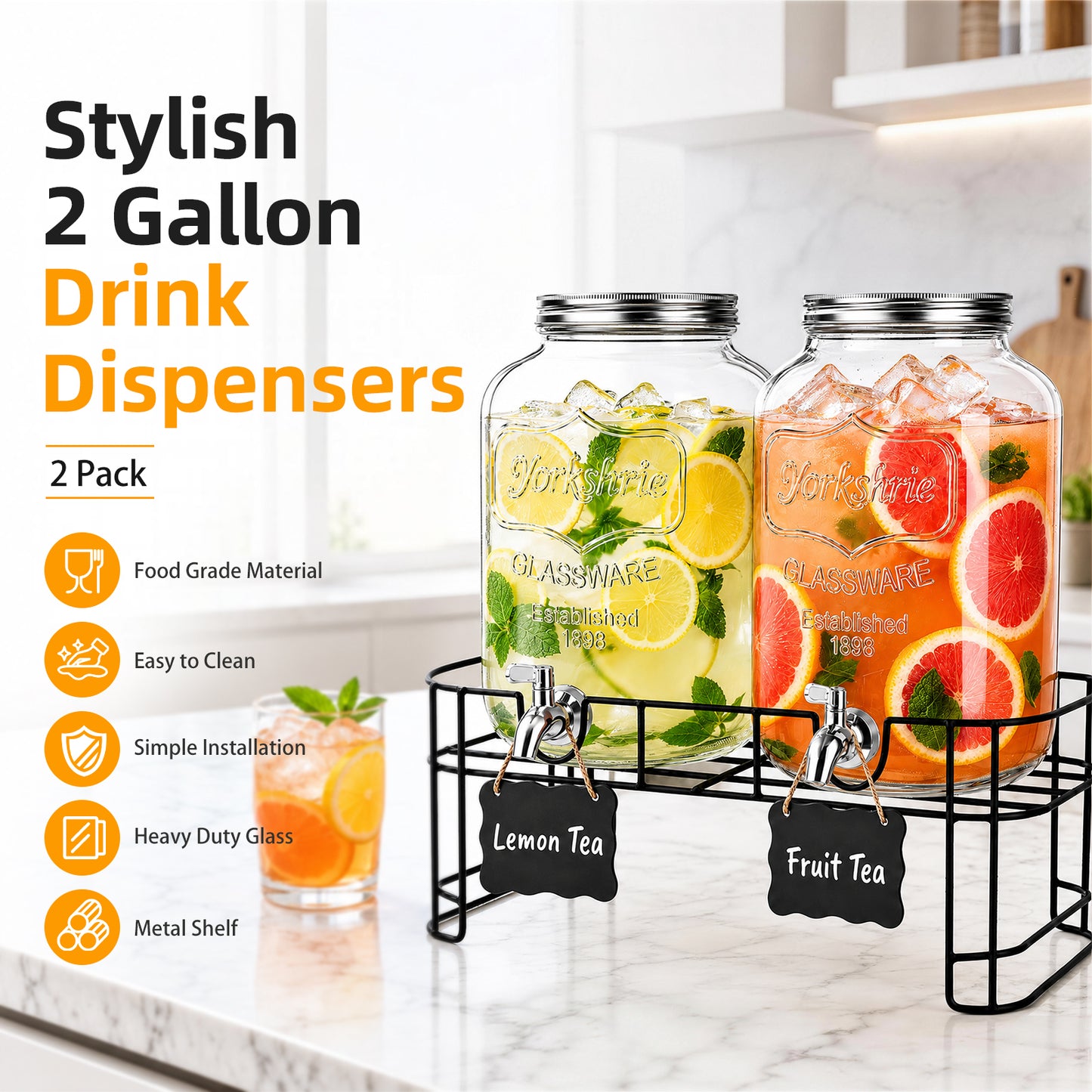 2 Gallon Drink Dispensers, TAIMASI 2 Pack Glass Beverage Dispenser with Stand & Stainless Steel Spigot for Parties, Lemonade Dispenser for Sun Tea, Picnic