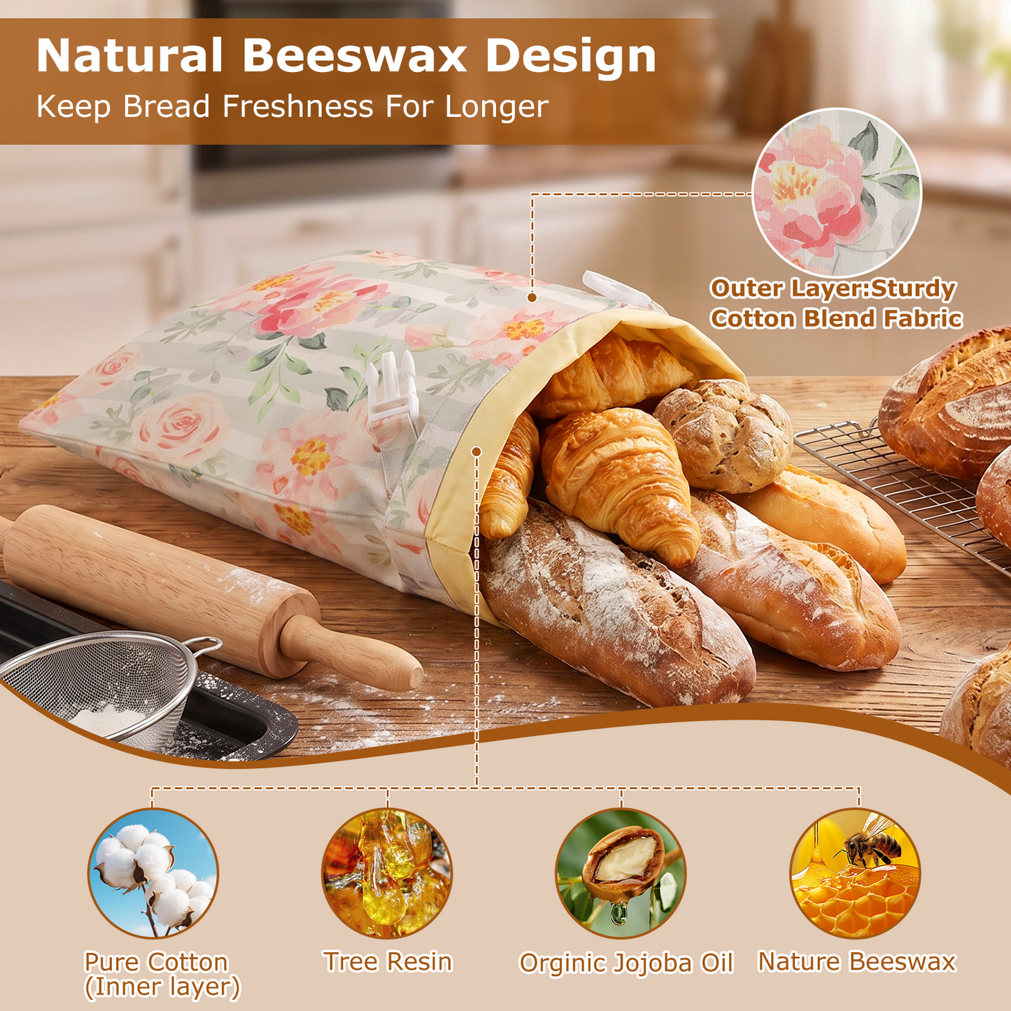 Beeswax Bread Bag, TAIMASI 2 Pack Beeswax Bread Storage Bags for Homemade Bread, Reusable Bread Sourdough Bags, 17 x 12.6'' Cotton Linen Bread Storage Bag