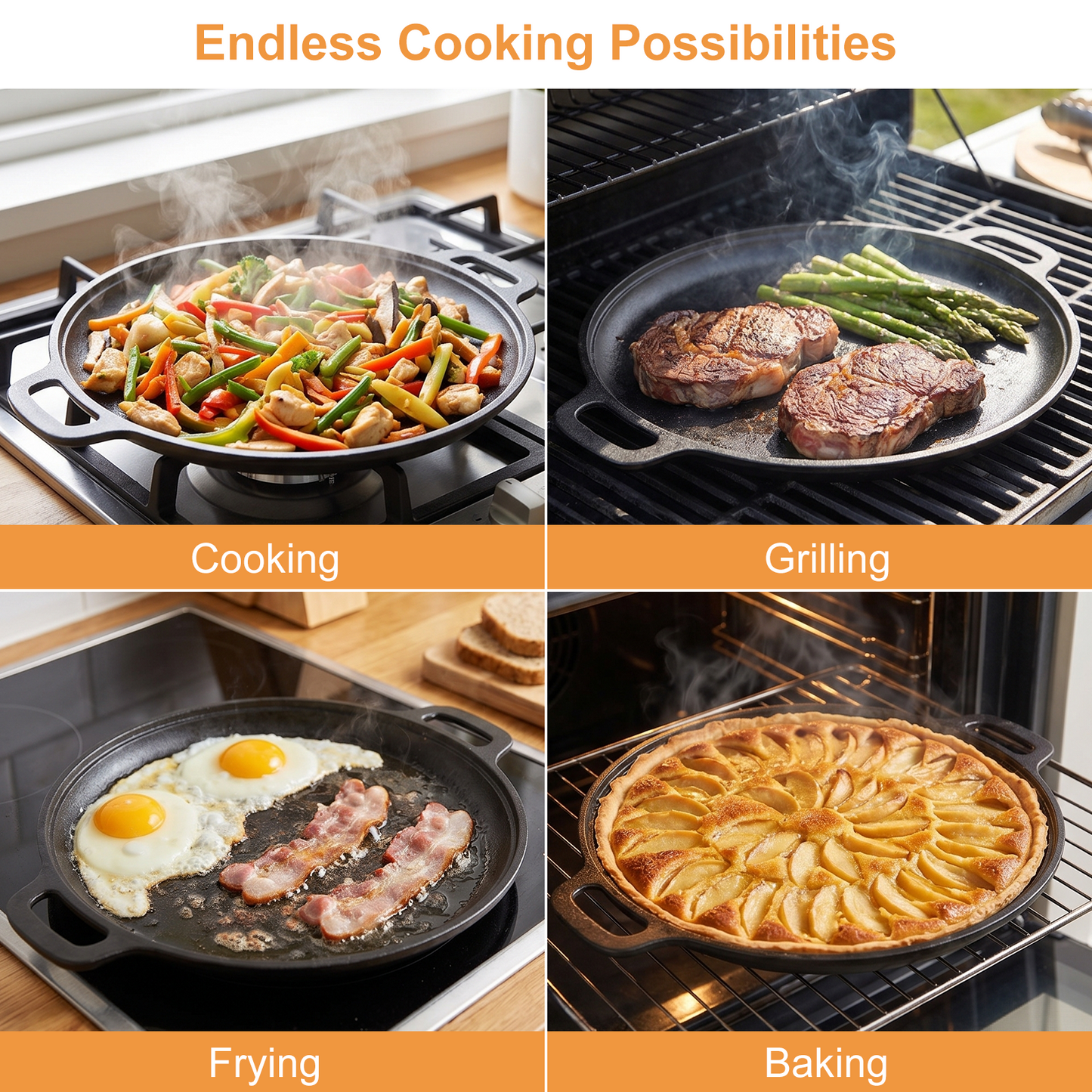 Round Cast Iron Skillet, TAIMASI 12'' Pre-Seasoned Cast Iron Frying Pan with Dual Handle, Oven Safe Pizza Pan for Grill, BBQ, Roasting, All Stovetops Safe
