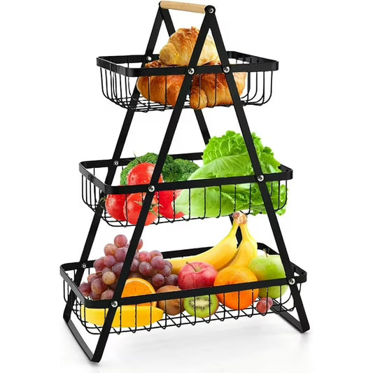 3 Tier Fruit Basket with Wooden Handles, TAIMASI Metal Storage Basket Kitchen Office Home Counter Dining Organizer for Fruit, Vegetable, Snacks, Black