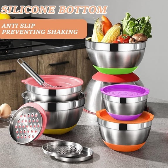 Mixing Bowls with Airtight Lids, AOKIWO 32Pcs Stainless Steel Nesting Non-Slip Bottoms Mixing Serving Bowls Set wtih 3 Grater & Tools Gadgets, 7/4/2.5/2/1.5/1QT Metal Salad Bowls for Serving Preppi