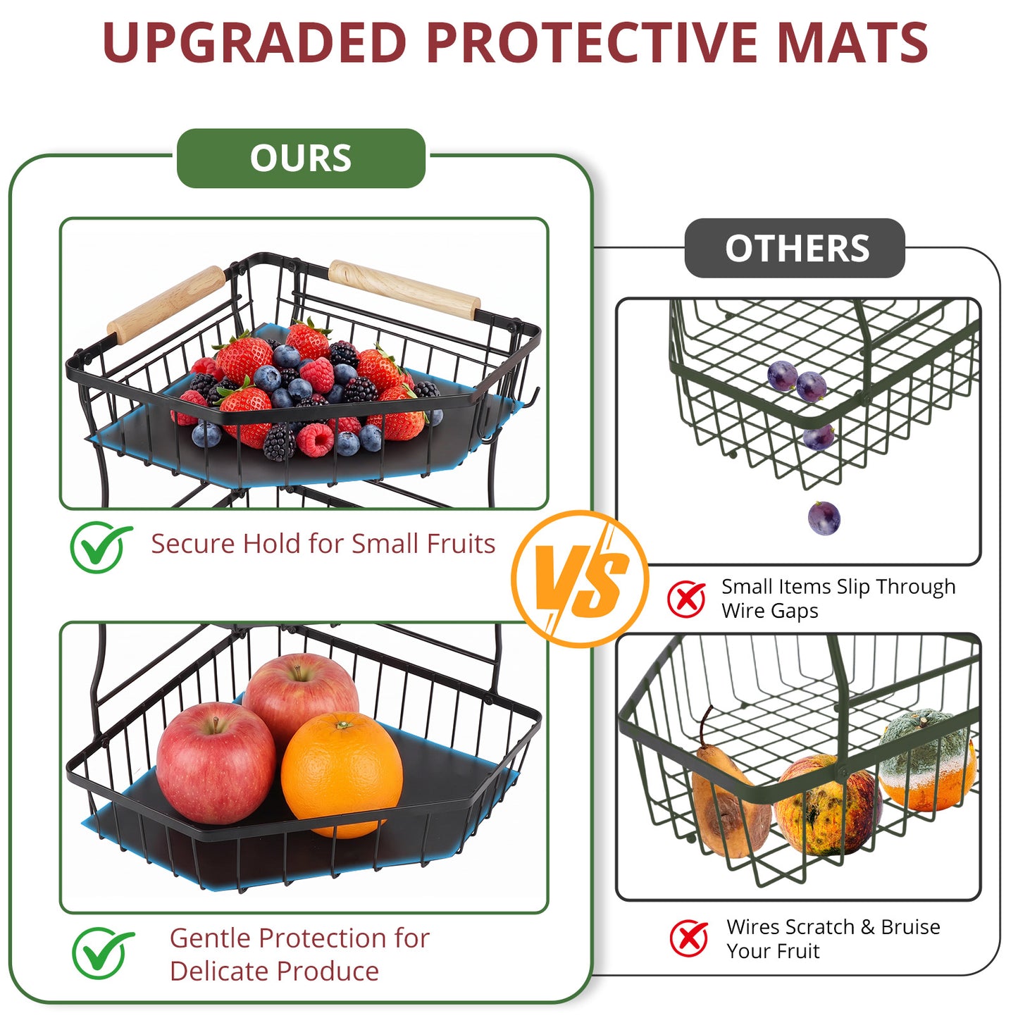2-Tier Large Fruit Basket for Kitchen Counter with 4 Banana Hangers, Detachable Metal Fruit Bowl with Wooden Handle, Fruit Stand/Fruit Holder for Bread, Snacks, Vegetables,Produce with Protective Mat