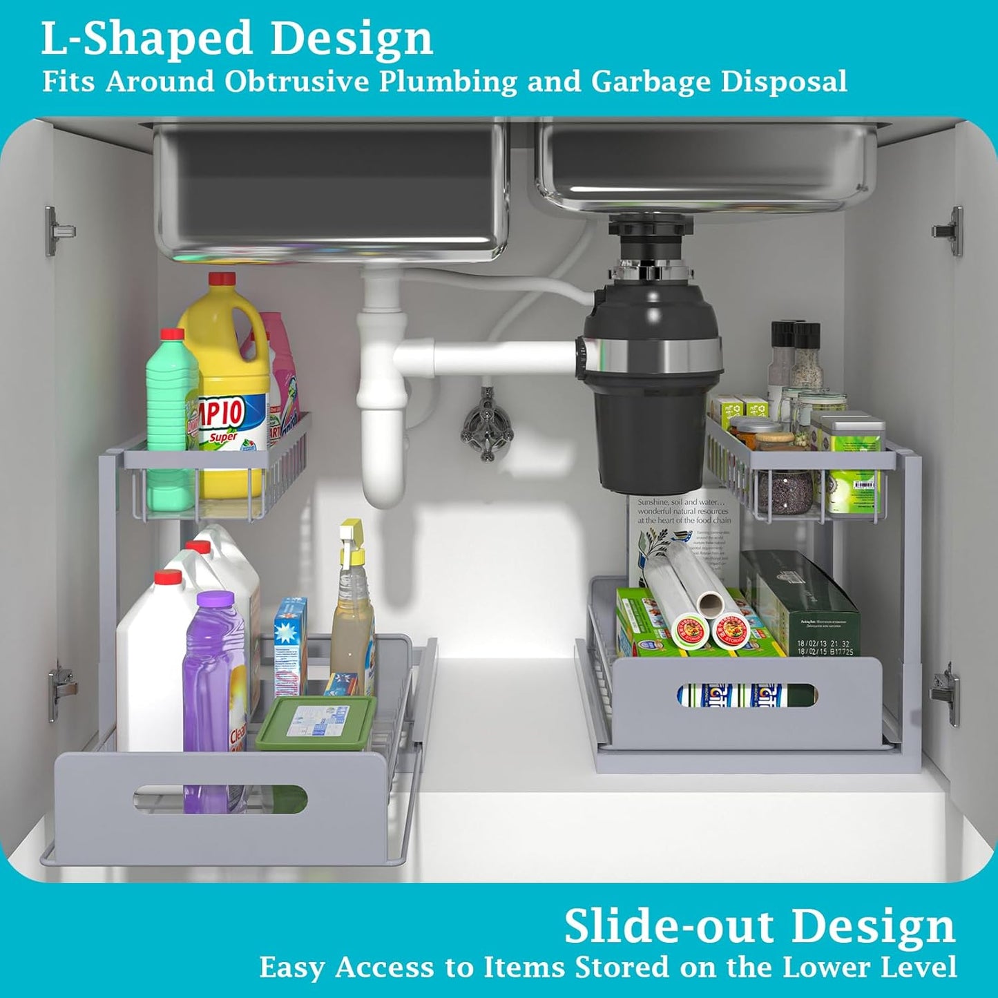 2 Pack Under Sink Organizer and Storage, Pull Out Cabinet Organizer Slide Out Sink Shelf Cabinet Storage Shelves, Under Sink Storage for Kitchen Bathroom Cabinet,Gray