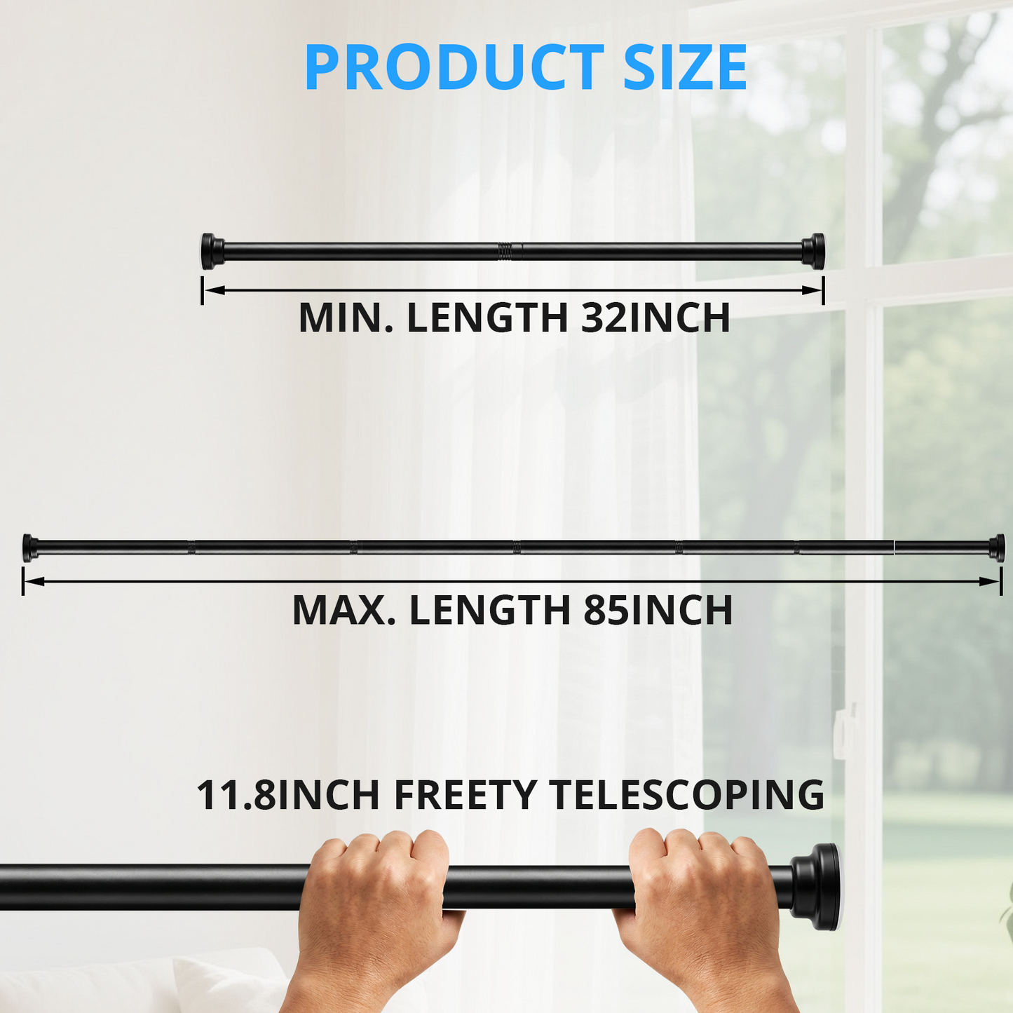 MIBOTE Shower Curtain Rod 32-85 Inch,Adjustable Curtain Rod for Windows,Modern Design, Easy Installation,Black