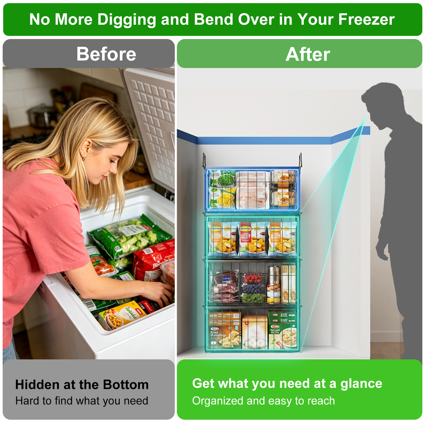 Freezer Organizer Bins, TAIMASI 4 Pack Stackable Deep Chest Freezer Baskets with Foldable Handles, Coated Metal Storage Containers for 3.5-7 Cu.FT Deep Freezer, Frozen Meats Food Organization