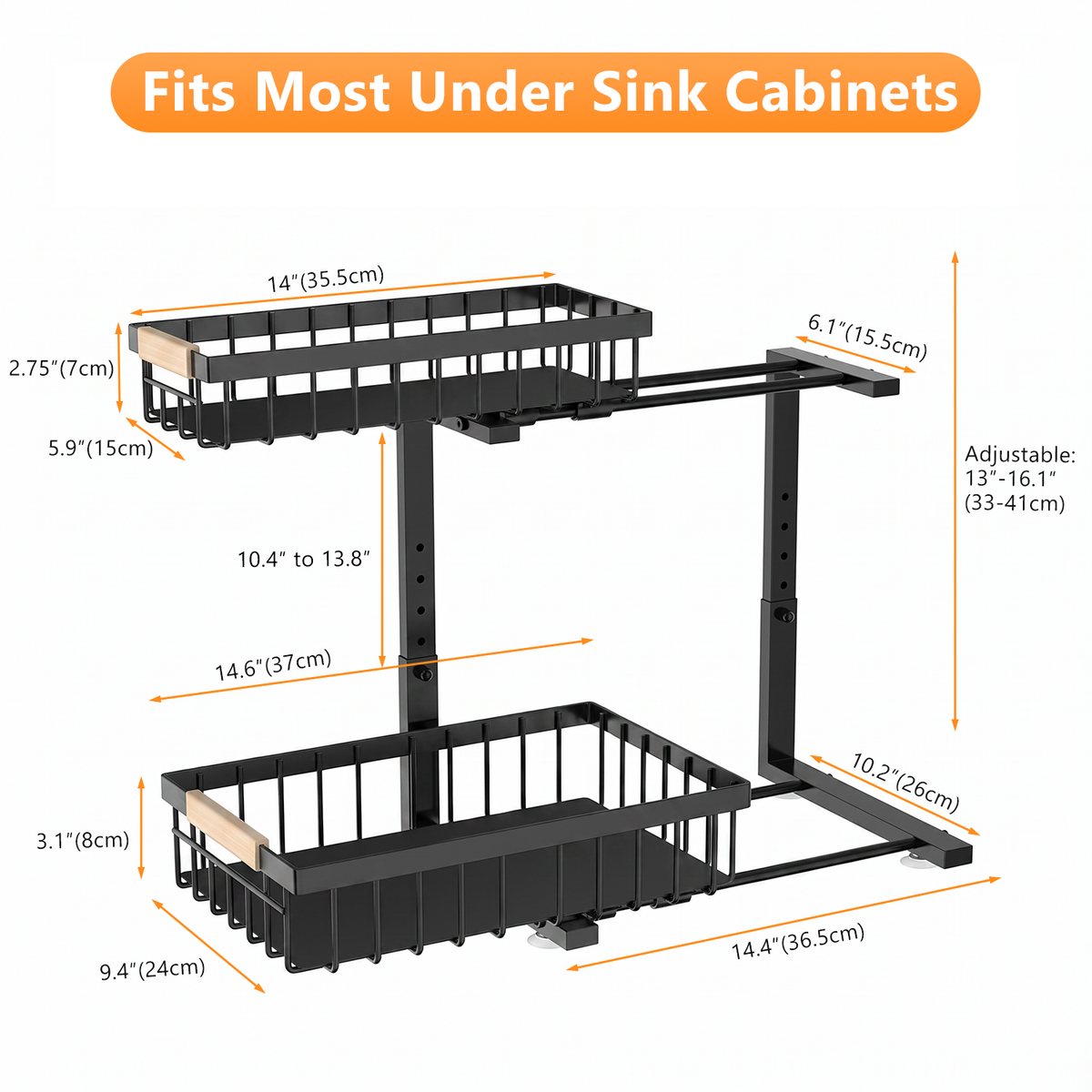 TAIMASI 1 Pack Under Sink Organizers and Storage, 2-Tier Pull Out Cabinet Organizer with Sliding Drawer, Adjustable Height Metal Bathroom Sink Organizer for Kitchen Pantry Closet, Black