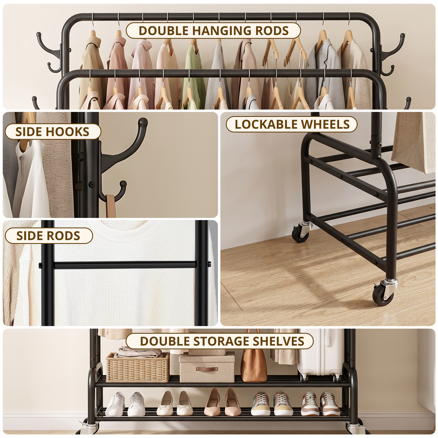 Heavy Duty Double Rod Clothes Rack, Rolling Garment Rack with 2 Tier Shelf and Side Hooks, Metal Coat Rack on Wheels for Bedroom, Laundry Room and Living Room, 44.3"L x 16.1"W x 61.8"H, Black