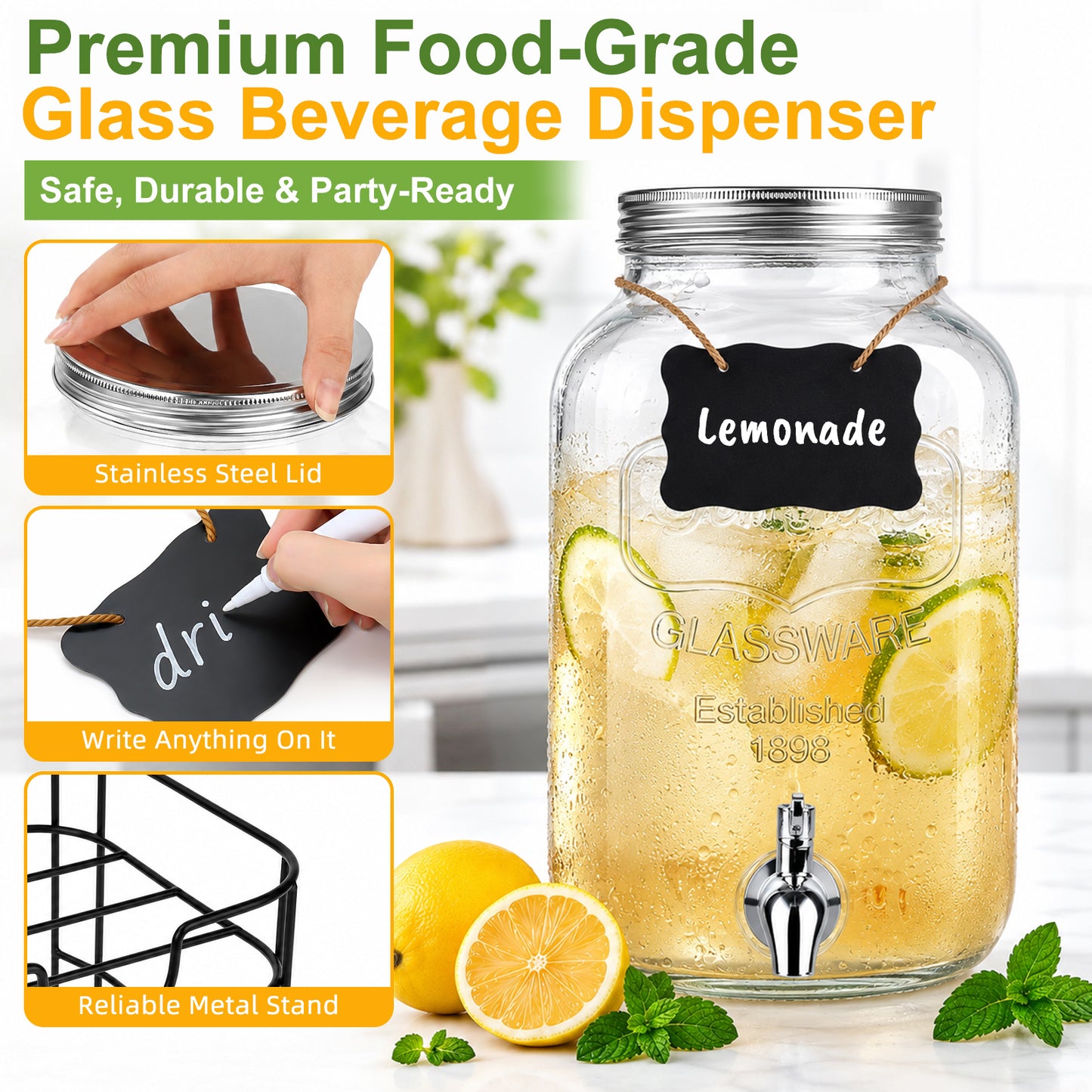 2 Gallon Drink Dispensers, TAIMASI 2 Pack Glass Beverage Dispenser with Stand & Stainless Steel Spigot for Parties, Lemonade Dispenser for Sun Tea, Picnic