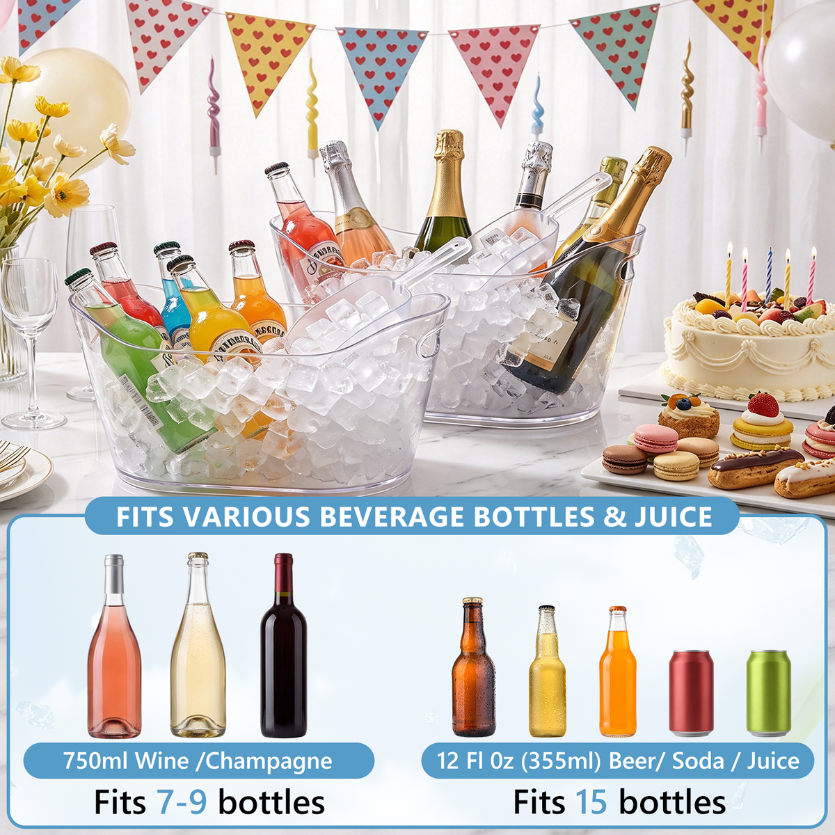12L Plastic Ice Bucket for Parties with Scoop, TAIMASI 2 Packs BPA Free Large Capacity Drop-Resistant Beverage Tub for Wine, Beer, Juice, Portable Cooler for Outdoor Cocktail Mimosa & Soda Bar (Copy)