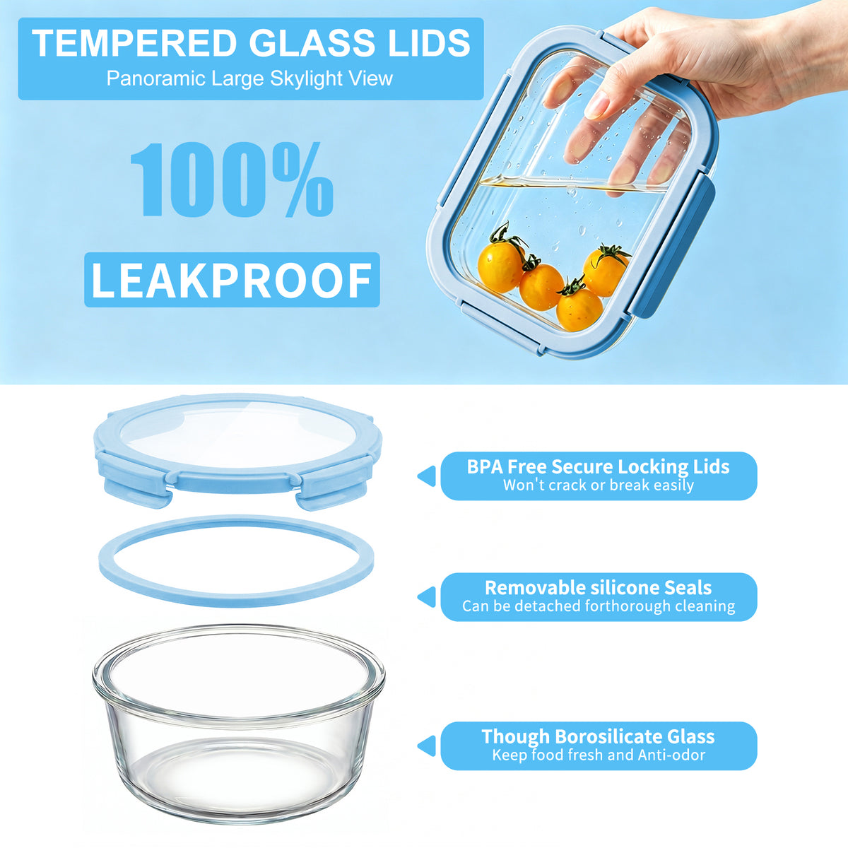 36 Pcs Glass Food Storage Containers with Tempered Lids Set, Borosilicate Oven-Safe(-4°F~950°F), Airtight Meal Prep Lunch Box Containers (18 Containers & 18 Lids), Milk blue
