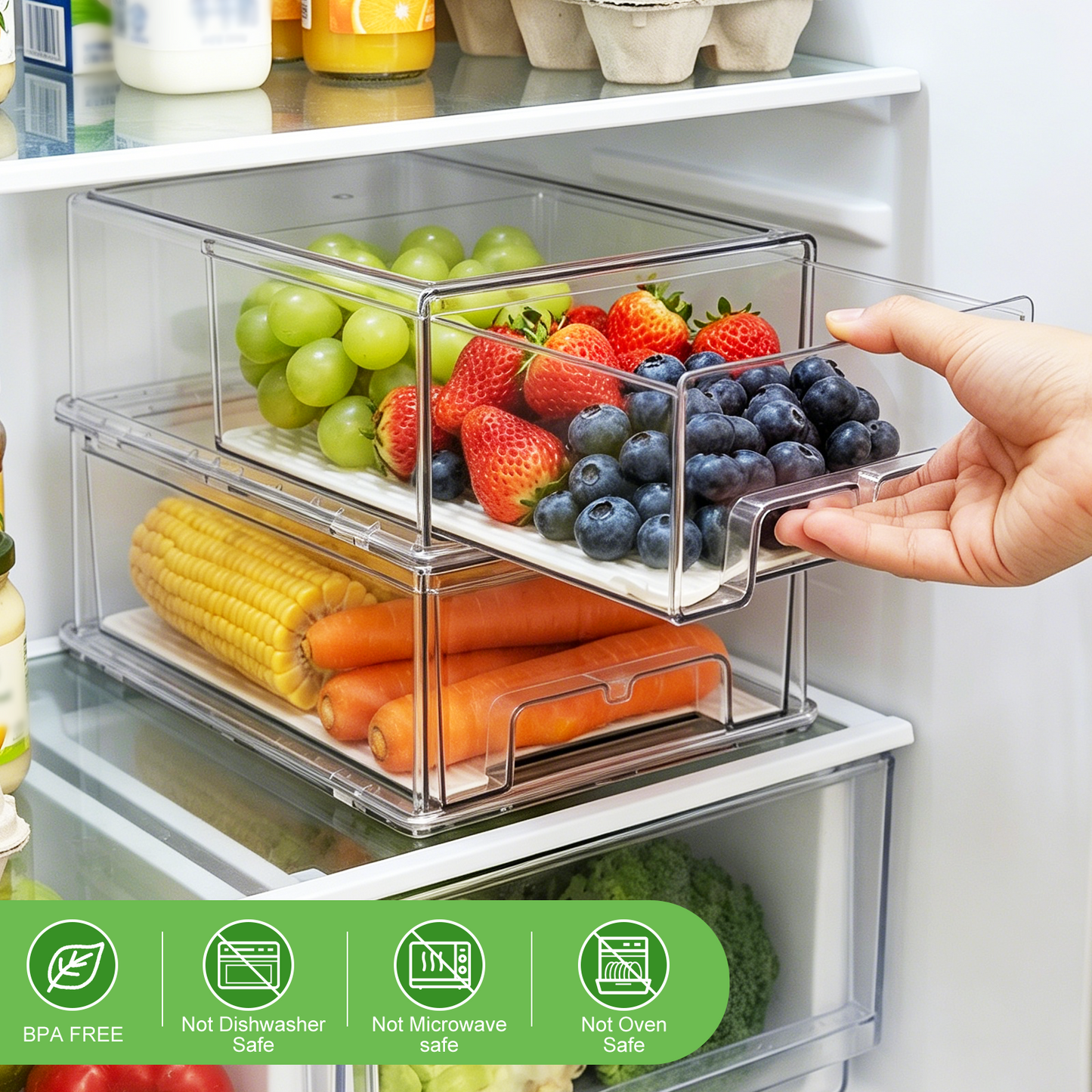 6 Pack Refrigerator Drawer Organizer Bins with Lids, Stackable Fridge & Pantry Storage Bins with Strainer Layer, Clear Plastic Storage Bins for Kitchen, Fruits, Vegetables, Drinks, Snack & Food