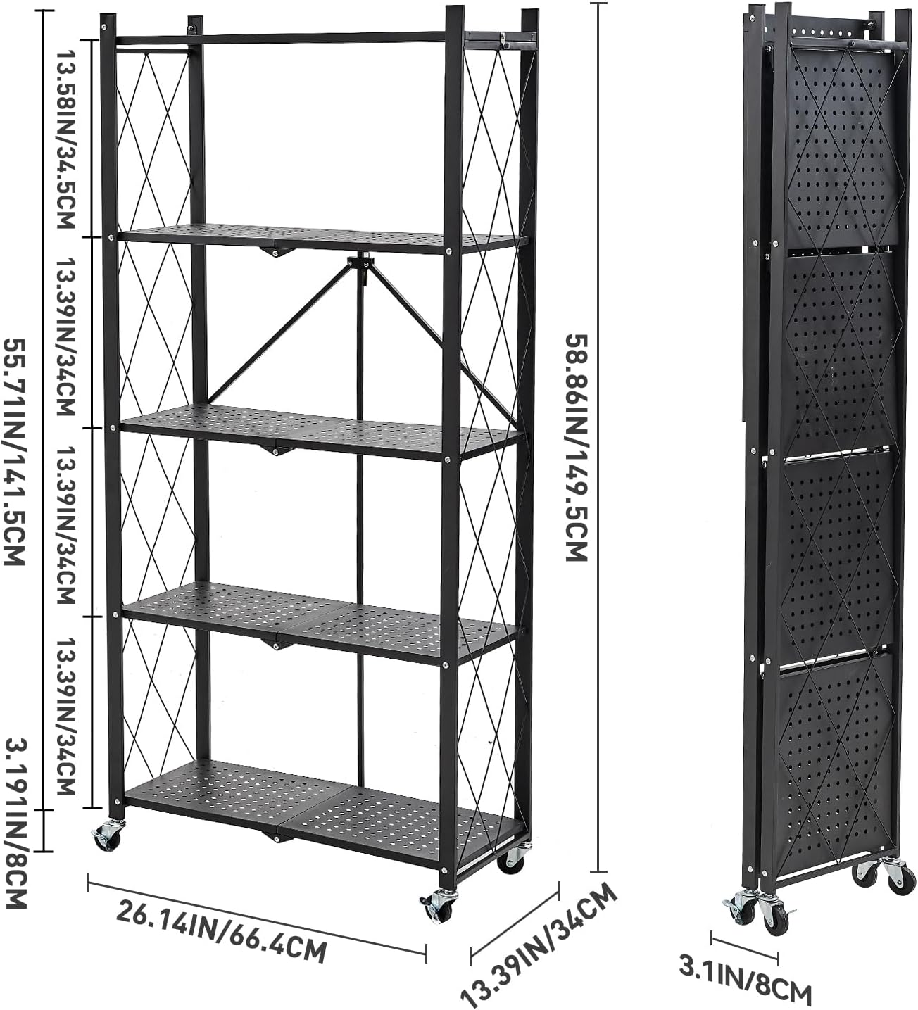 5-Tier Foldable Metal Storage Shelf with Wheels, Heavy-Duty Movable Wire Rack for Garage, Kitchen, Basement, Pantry, 28''L x 13.4''W x 61.4''H-Black
