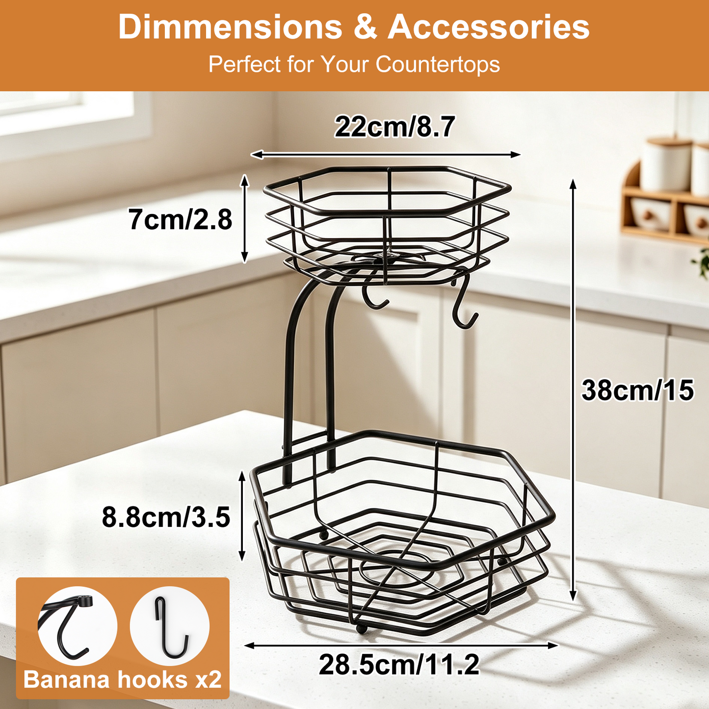 2 Tier Detachable Metal Fruit Basket for Kitchen Counter with 2 Banana Hangers, TAIMASI Stackable Hexagonal Metal Fruit Bowl for Bread Vegetable Fruits, Black